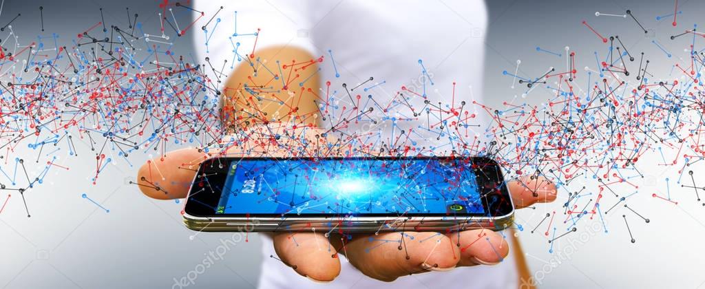 Man holding DNA structure over his phone
