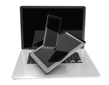 Dizüstü bilgisayar cep telefonu ve tablet 3d render birbirine bağlı