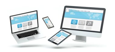 Modern bilgisayar dizüstü bilgisayar cep telefonu ve 3d rende yüzen tablet