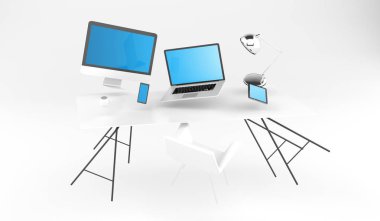 3d render işyeri dizüstü bilgisayar telefon ve tablet ile uçan