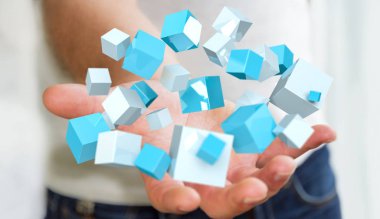 Mavi parlak küp 3d render uçan tutan işadamı