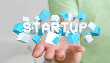 3D render başlangıç tanıtımı küp ile yüzen tutan adam