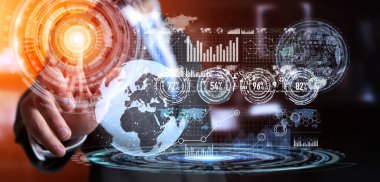 İşadamı hologram ekran dijital veri ile kullanma