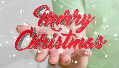 Onun el 3d re içinde yüzen Noel mesajı tutan işadamı