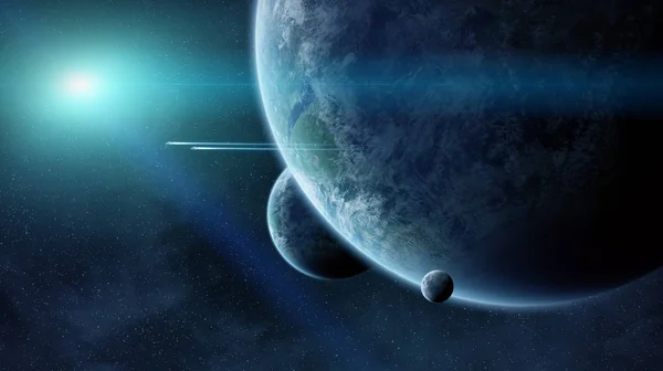 Entferntes Planetensystem im Weltraum 3D-Rendering — Stockfoto