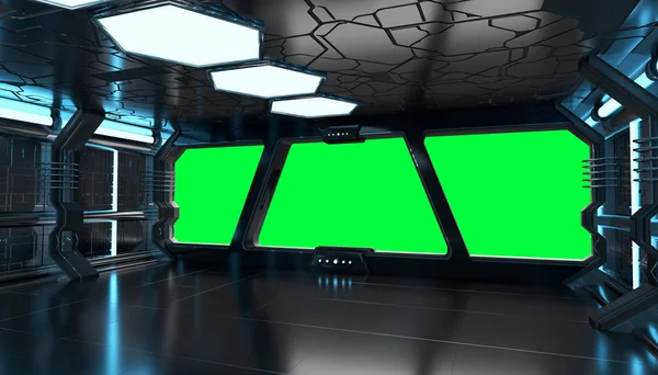 Nave espacial interior azul con elementos de renderizado en 3D de ventana vacía — Foto de Stock