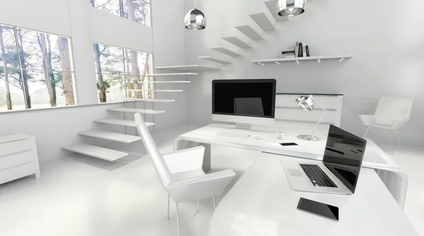 Interior de escritório branco moderno com computador e dispositivos 3D render — Fotografia de Stock