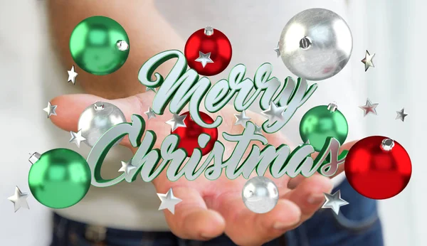 Biznesmen trzyma pływające wiadomość Bożego Narodzenia w jego dłoni 3d re — Zdjęcie stockowe