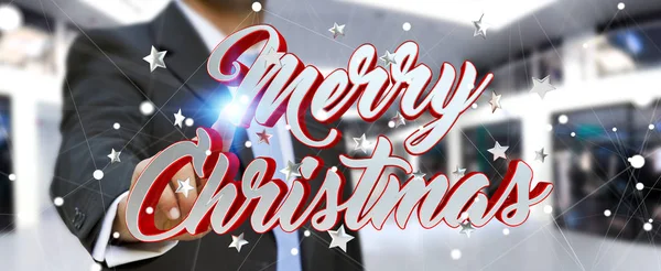 Businessman touching floating christmas message with his finger — Stock Photo, Image