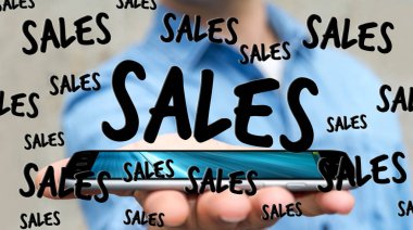 Satış kutsal kişilerin resmi onun telefon 3d render üzerinde tutan işadamı