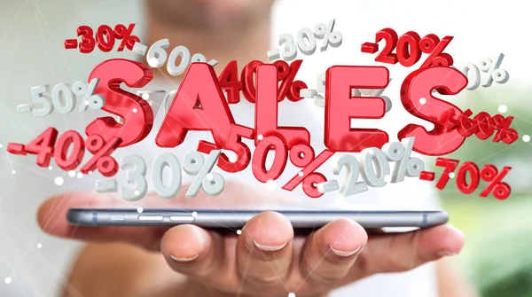 Zakenman verkoop pictogrammen houdt over zijn telefoon 3D-rendering — Stockfoto