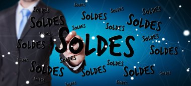 İşadamı kalem 3d render ile satış simgeler dokunmadan