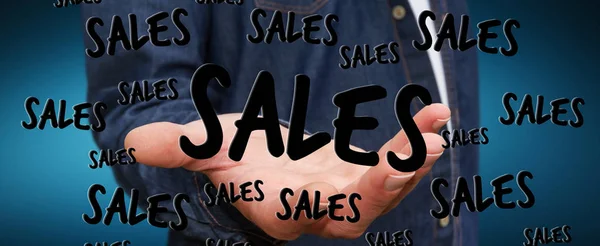 Empresario sosteniendo iconos de ventas en su mano 3D renderizado —  Fotos de Stock