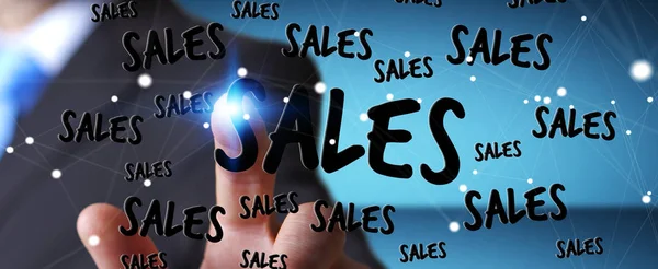 Empresario tocando iconos de ventas con su dedo representación 3D — Foto de Stock