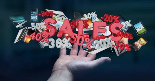 Empresario sosteniendo iconos de ventas en su mano 3D renderizado —  Fotos de Stock
