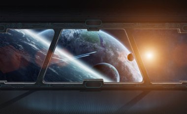 Pencerenin bir uzay istasyonu 3d render uzaydan görünümü