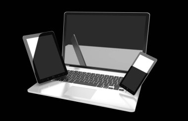 Dizüstü bilgisayar cep telefonu ve tablet 3d render birbirine bağlı