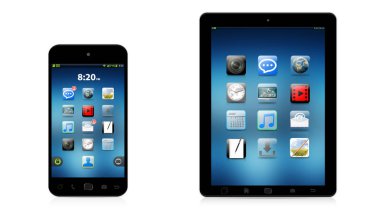 Modern dijital telefon ve beyaz arka planda 3d render tablet