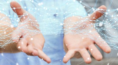 Uçan ağ nokta 3d render tutan işadamı