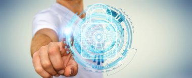 Onun verileri 3d renderi güvenliğini sağlamak için dijital asma kilit kullanarak iş adamı