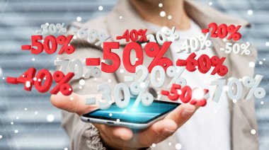 Satış simgeler telefon 3d render üzerinde tutan işadamı