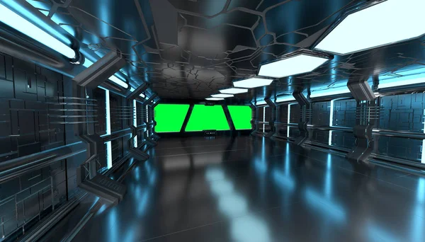 Nave espacial interior azul con elementos de renderizado en 3D de ventana vacía —  Fotos de Stock