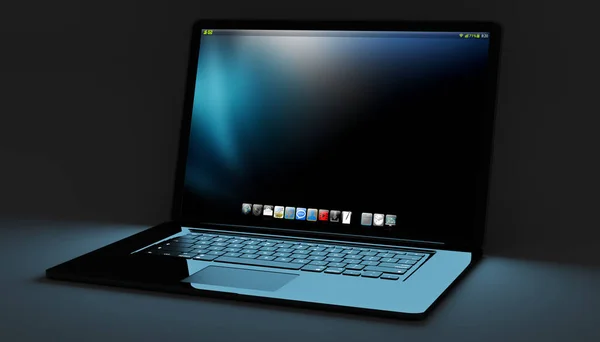 Moderní notebook černá na černém pozadí 3d vykreslování — Stock fotografie