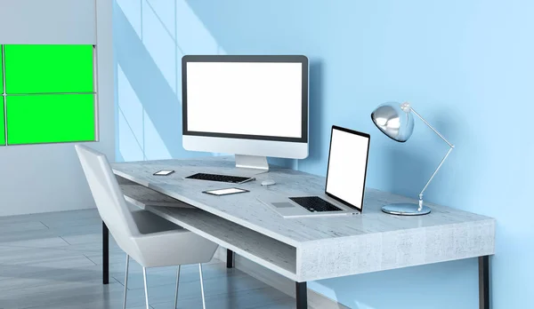 Modern desktop interior with blank screen devices 3D rendering