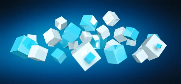 Cube flottant bleu et blanc brillant rendu 3D — Photo