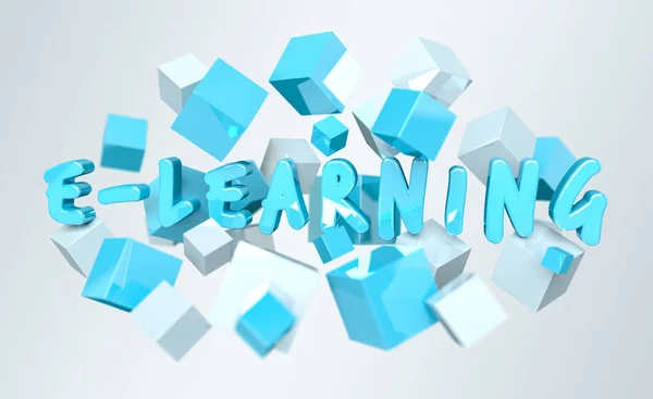 Zwevend 3d render eLearning presentatie met kubus — Stockfoto