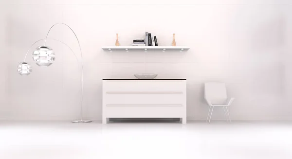 Modern white orange interior with chest of drawers and shelve 3D — Stock Photo, Image