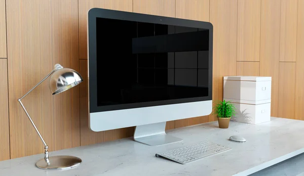 Interior de escritorio moderno con la representación 3D de la computadora de plata —  Fotos de Stock