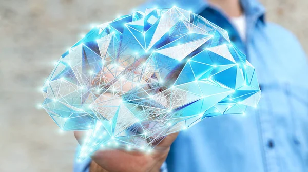 Biznesmen rysunek cyfrowe RTG mózgu człowieka w jego dłoni 3d ren — Zdjęcie stockowe
