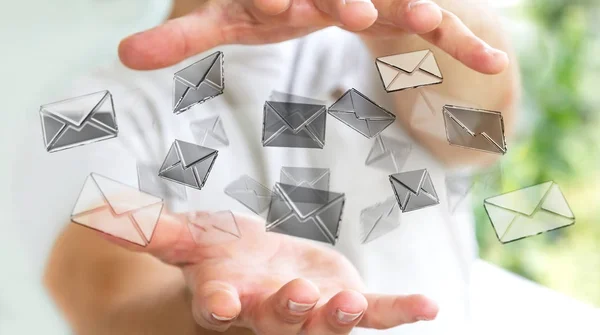 Geschäftsmann hält 3D-Rendering fliegendes E-Mail-Symbol in der Hand — Stockfoto