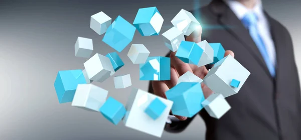 Podnikatel, dojemné létající modré lesklé kostky 3d vykreslování — Stock fotografie