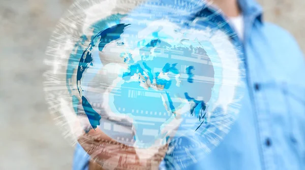 Podnikatel, drží globální sítě na planetě Zemi 3d vykreslování — Stock fotografie