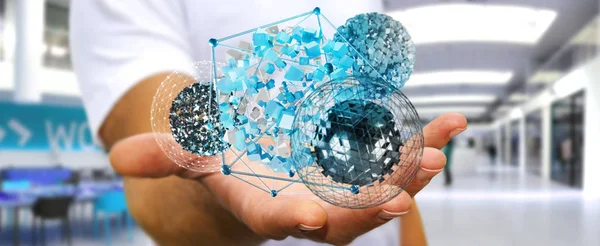 Empresario sosteniendo volando esfera abstracta con brillante cubo 3D re — Foto de Stock