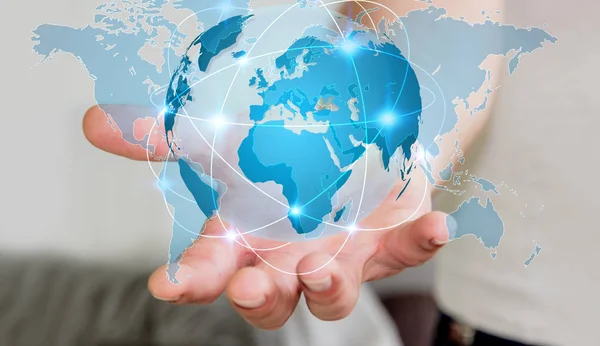 Affärsman holding globalt nätverk på planetjorden 3d-rendering — Stockfoto