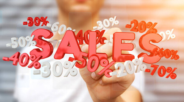 Бизнесмен трогает иконки продаж с помощью ручки 3D рендеринга
