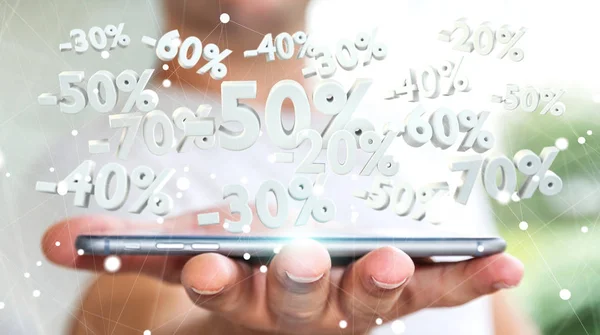 Zakenman die houdt van verkoop pictogrammen over telefoon 3D-rendering — Stockfoto