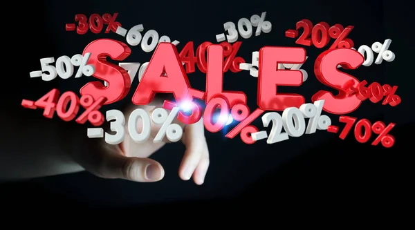 Podnikatelka dotýká prodeje ikon s její prst 3d vykreslování — Stock fotografie