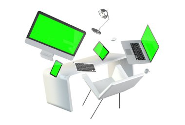 3d render işyeri dizüstü bilgisayar telefon ve tablet ile uçan
