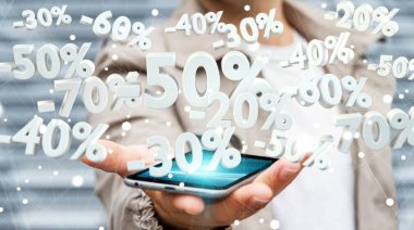 Satış simgeler telefon 3d render üzerinde tutan işadamı