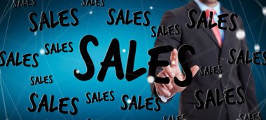 Onun parmak 3d render ile satış simgeler dokunmadan işadamı