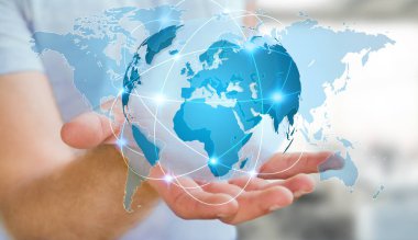 Küresel ağ seyyare yerküre 3d render tutan işadamı