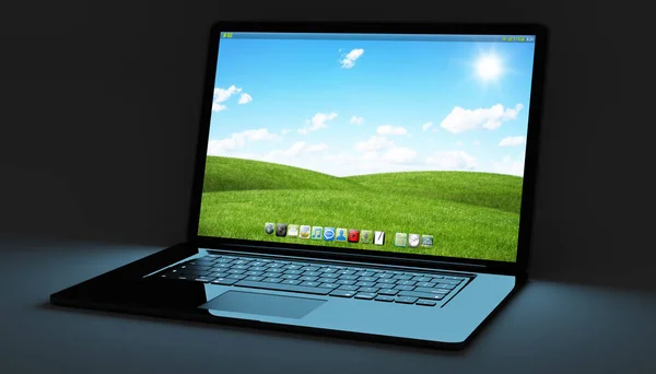 Nowoczesny laptop czarne na czarnym tle renderowania 3d — Zdjęcie stockowe