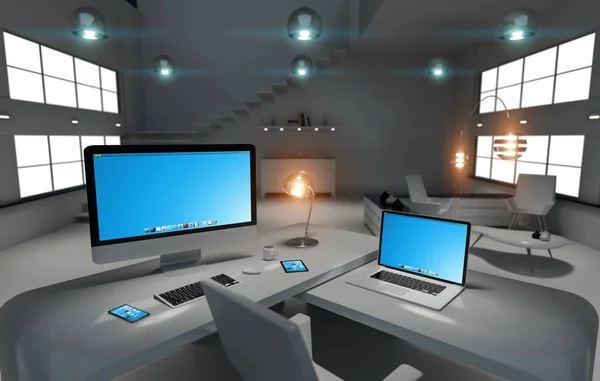 Bilgisayarı ve aygıtları 3d re sahip modern karanlık Resepsiyon ofis iç — Stok fotoğraf