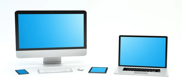 現代のコンピューター ノート パソコン携帯電話とタブレットの 3 d レンダリング — ストック写真