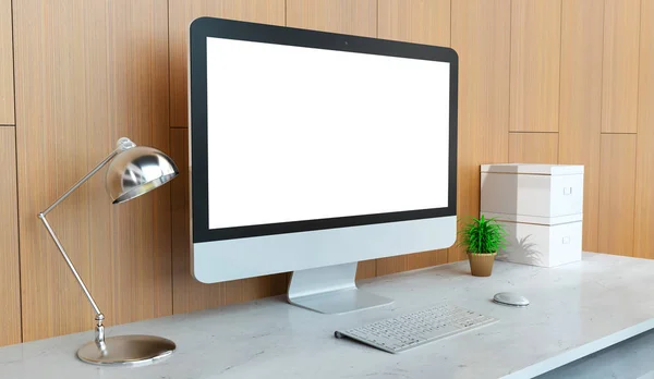 Modern desktop interior with silver computer 3D rendering — Stock Photo, Image