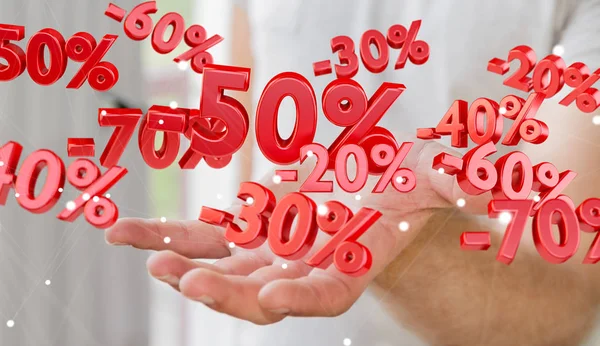 Empresario sosteniendo iconos de ventas en su mano 3D renderizado — Foto de Stock